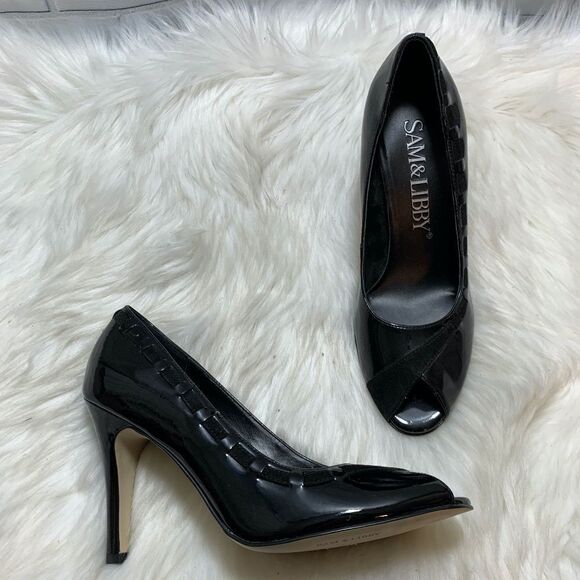 Sam & Libby Black Patent Peep Toe Heels Sz 7.5 - Picture 1 of 6